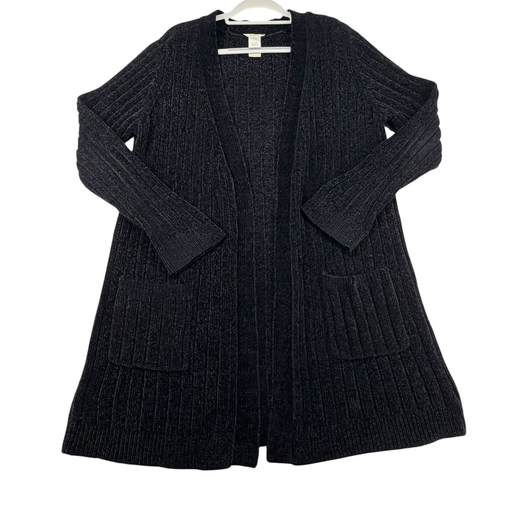 Matty M Black Chenille Ribbed Open Front Cardigan Sweater Women XL Longline